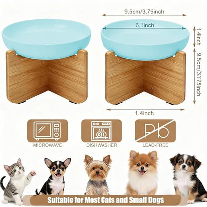 Shallow Elevated Cat Bowls with Bamboo Stand, 6.1 Inch Wide Ceramic Cat Dish Whisker Friendly, 2 Pack Pet Food and Water Plates - color: Blue 2 pack