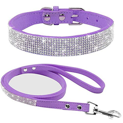 Rhinestone Bling Leather Dog Collar and Leash Set, Cute Dazzling Sparkling Soft Velvet Dog Cat Collar Crystal Diamond Puppy Collar (XXS, Purple1) - color: Purple1, size: XXS
