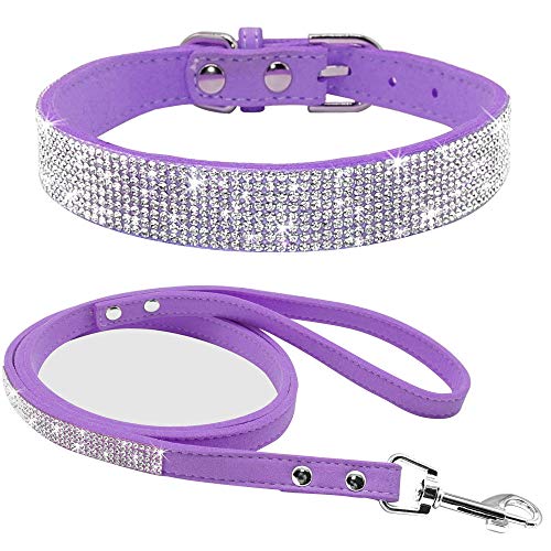 Rhinestone Bling Leather Dog Collar and Leash Set, Cute Dazzling Sparkling Soft Velvet Dog Cat Collar Crystal Diamond Puppy Collar (XXS, Purple1) - color: Purple1, size: XXS