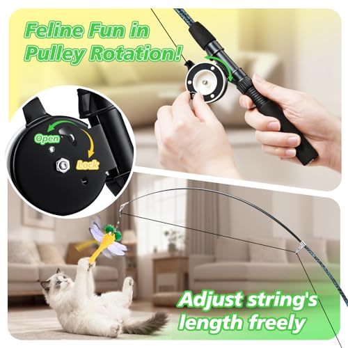 Pawaboo Interactive Cat Toy, Retractable Cat Fishing Rod with 3 Replacement Fishing Lures Made of Feathers and Bells, Adjustable Line Length, Feather Teaser for Cats, Kittens, Fun, Blue - color: Bionic Pink Feather