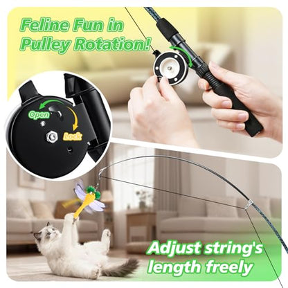 Pawaboo Interactive Cat Toy, Retractable Cat Fishing Rod with 3 Replacement Fishing Lures Made of Feathers and Bells, Adjustable Line Length, Feather Teaser for Cats, Kittens, Fun, Blue - color: Bionic Pink Feather