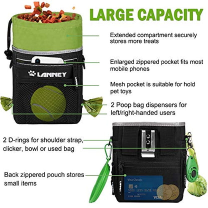 Dog Treat Pouch Pet Training Bag for Small to Large Dogs, Treat Tote Carry Kibble Snacks Toys for Training Reward Walking, Metal Clip, Waist belt, Shoulder Strap, Poop Bag Dispenser, Black with Green - color: Pouch(Black with Green)+Clicker