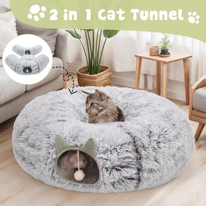 Cat Tunnel Bed for Indoor Cats, Soft Plush Donut Peekaboo Cat Cave, Multifunctional Playground Toy for Small Medium Large Cats, Kittens, Rabbits, Ferrets, with Washable Cushion(Grey) - color: Grey