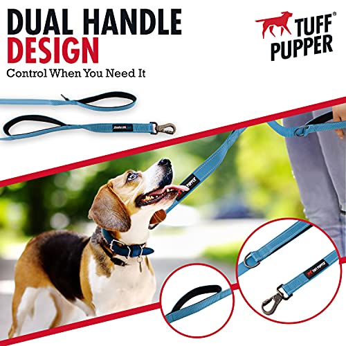 Tuff Pupper Heavy Duty Double Handle Leash | Twist Locking Carabiner Clip | Safety Lock for Strong Dogs | Reflective for Safe Night Walks | 6 Foot Leash | For Medium & Large Dogs - color: Teal