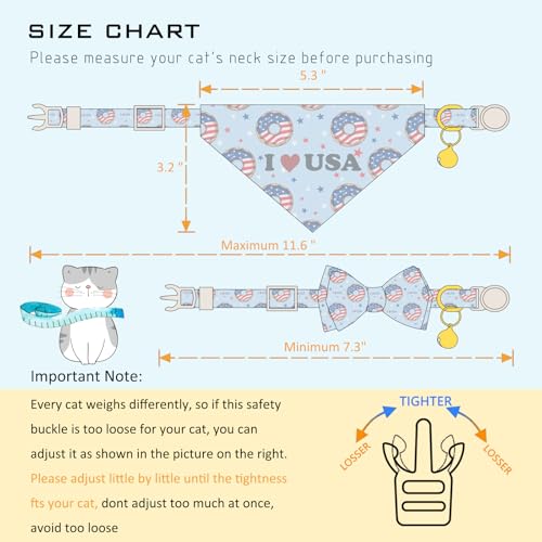 Faygarsle 2 Pack Patriotic Cat Collar Set with Bandana and Bow Tie, USA Flag Donuts Pattern, Light Blue - color: Blue Flag