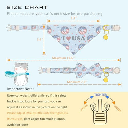 Faygarsle 2 Pack Patriotic Cat Collar Set with Bandana and Bow Tie, USA Flag Donuts Pattern, Light Blue - color: Blue Flag