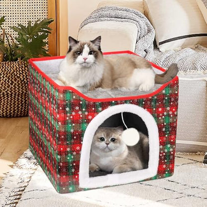 Heated Cat Bed for Indoor Cats, Foldable Cat House with Removable Heating Pad for Cats Small Dog Covered Cat Bed Cave Kitty Hideaway with with Scratch Pad, All Season Use