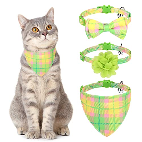 Breakaway Cat Collars with Bell & Cute Pendants - 3 Pack Adjustable Safety Kitten Collars - Decoration for Girl Boy Cats Puppy and Small Pets (Style C - Green Plaid) - color: Style C - Green Plaid
