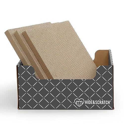 Hide & Scratch Cardboard Cat Scratcher Box & Bed - Dark Grey Diamond (+ 3 Refill Pads) | Double-Sided Corrugated Pad for Indoor Cats | Refillable Scratching Board Toy for Play & Furniture Protection - color: Dark Grey Value Pack