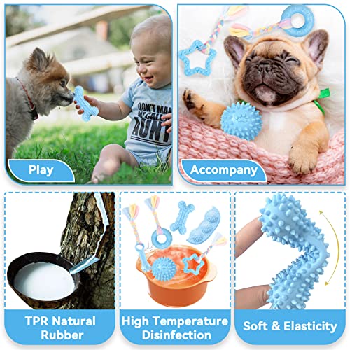 Petcare 6 Pack Puppy Chew Toys - Blue, Soft Rubber Rope & Bone Ball Teething Toys for Small Dogs & Puppies, Including Yorkie - color: Blue