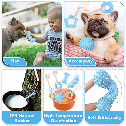 Petcare 6 Pack Puppy Chew Toys - Blue, Soft Rubber Rope & Bone Ball Teething Toys for Small Dogs & Puppies, Including Yorkie - color: Blue