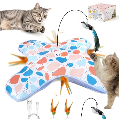 Interactive Cat Toys with Bird, Hide and Seek Cat Toy, 2 in 1 Automatic Moving Concealed Feathers for Indoor Cats, Non-Slip Suction, Touch Activated, USB Rechargeable, Blue - color: Blue-with Bird