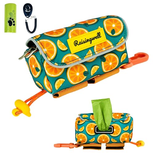 Dog Treat and Poop Bag Holder for Leash, 2 Waterproof Zipper Pouches for Pet Walking Accessories, with Dispenser, Training Clicker and 1 Free Roll (Fruit Orange) - color: Fruit Orange