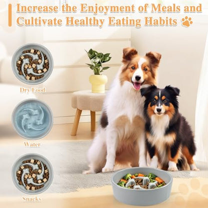 Ceramic Slow Feeder Dog Bowls, 1 Cups Dog Food Dish for Small and Medium Breed, Puzzle Dog Food Bowl for Fast Eater, 15OZ, 6.3 inch(Grey) - color: Grey-M