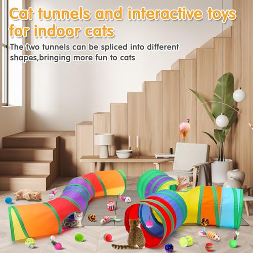 Poen 22pcs Cat Kitten Toys Set with 2 Collapsible Cat Tunnel and 20 Interactive Kitty Feather Toy, Fluffy Mouse, Crinkle Balls, for Kitten Puppy(Multicolor) - color: Multicolor