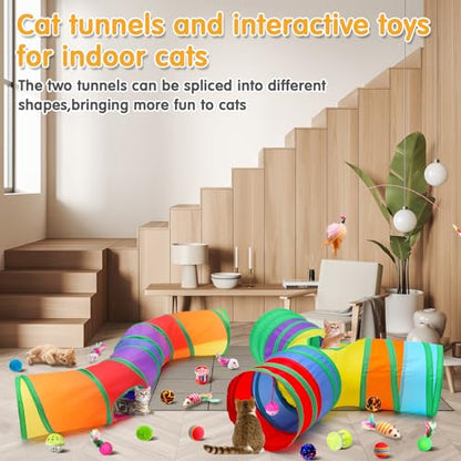 Poen 22pcs Cat Kitten Toys Set with 2 Collapsible Cat Tunnel and 20 Interactive Kitty Feather Toy, Fluffy Mouse, Crinkle Balls, for Kitten Puppy(Multicolor) - color: Multicolor