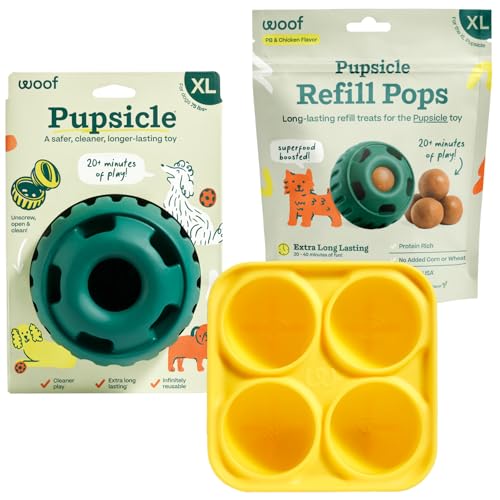 WOOF Starter Pack - Interactive Dog Ball Toy for Boredom - Dog Treat Molds Silicone - Chicken-Flavored Healthy Treats for Dogs - Pupsicle Doggy Enrichment Toy - for XL Pups - 75+ lbs