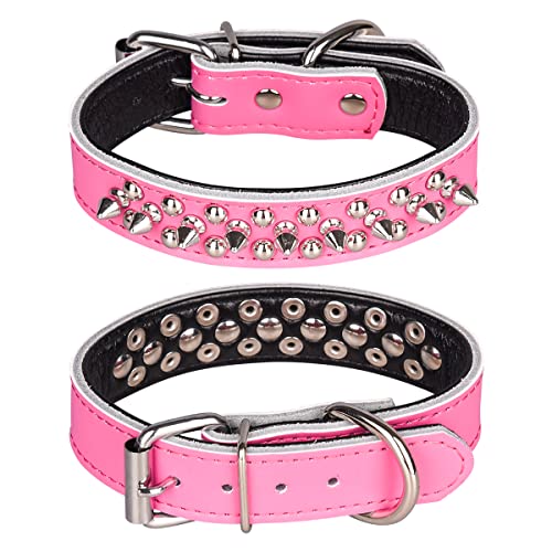 Spiked Studded Dog Collar, Soft Genuine Leather Dog Collar, Adjustable Dog Collars for Small Medium Large Dogs Breeds Pit Bull (S fit Neck 10.5-13", Hot Pink2) - color: Hot Pink2, size: S fit Neck 10.5-13"