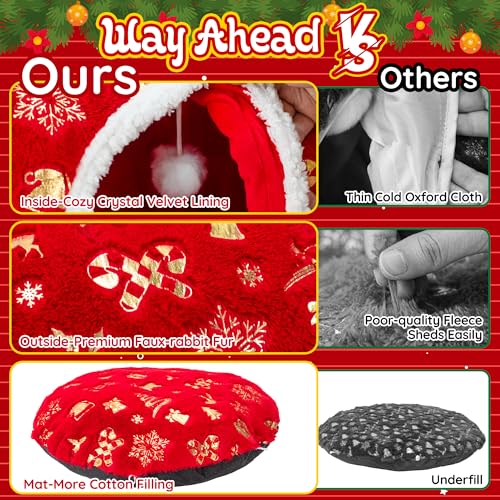 LECHONG 3-in-1 Christmas Cat Tunnel Bed & Tree Skirt, Warm & Cozy Double-Sided Fleece Hideout w/Detachable Mat, Deter Cats Damage Xmas Tree Decor, Festive Coziness