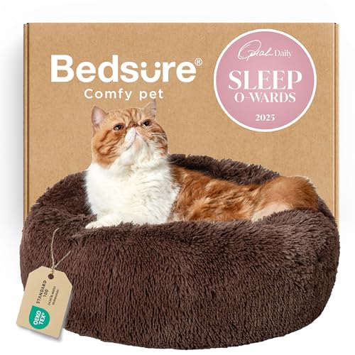 Bedsure Calming Cat Beds for Indoor Cats - Small Cat Bed Washable 20 inches, Anti-Slip Round Fluffy Plush Faux Fur Pet Bed, Fits up to 15 lbs Pets, Coffee - color: Coffee, size: 20"L x 20"W x 6"Th
