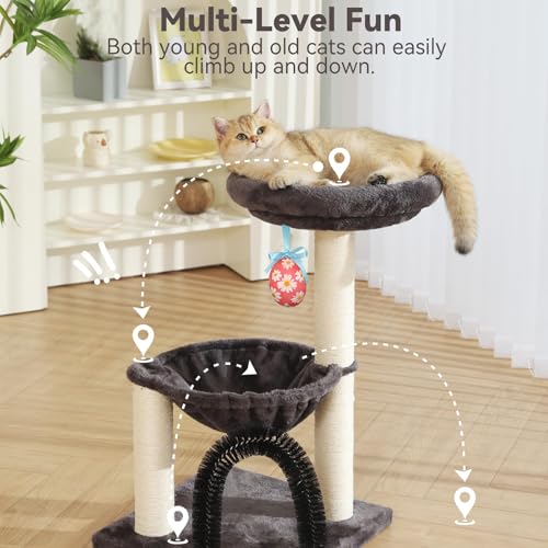 Simple Deluxe 27.8" Small Cat Tree with Easter Eggs,Multi-Level Cute Cat Tree with Scratching Post| Plush Hammock| Perch| Random 3 Pcs Easter Eggs| Groomer Brush for Kittens Play & Rest - color: Smoky Gray & Easter Eggs
