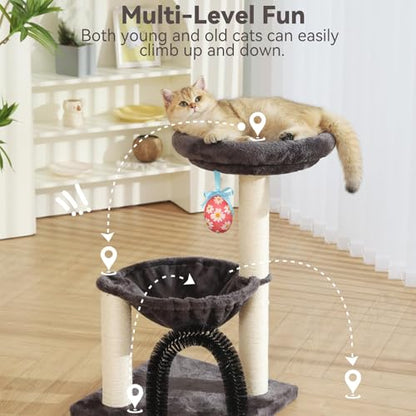 Simple Deluxe 27.8" Small Cat Tree with Easter Eggs,Multi-Level Cute Cat Tree with Scratching Post| Plush Hammock| Perch| Random 3 Pcs Easter Eggs| Groomer Brush for Kittens Play & Rest - color: Smoky Gray & Easter Eggs
