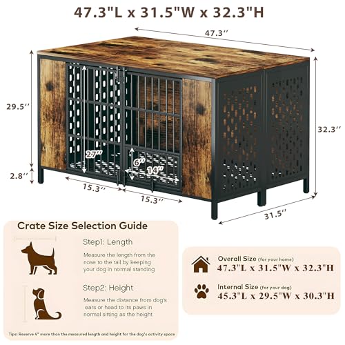 Dog Kennel Large Dogs Furniture with Hook, Heavy Duty Dog Crate Indoor for Extra Large Dogs, Escape-Proof and Chew-Proof Dog Cage for high Anxiety Dog, Rustic Brown Cage as TV Stand - size: 47.3"L x 31.5"W x 32.3"H