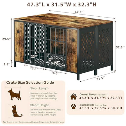 Dog Kennel Large Dogs Furniture with Hook, Heavy Duty Dog Crate Indoor for Extra Large Dogs, Escape-Proof and Chew-Proof Dog Cage for high Anxiety Dog, Rustic Brown Cage as TV Stand - size: 47.3"L x 31.5"W x 32.3"H