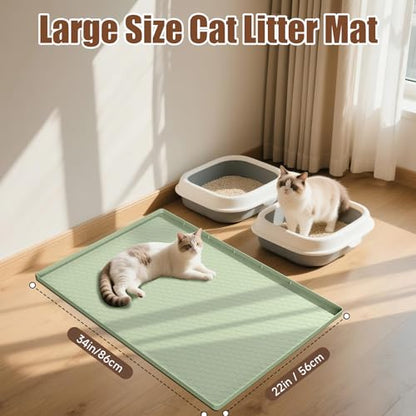 Cat Litter Mat, 34" X 22" Large Silicone Mat Cat Litter Trapping Mat, Waterproof Litter Box Mat, Soft on Kitty Paws, Urine-Proof, Easy to Clean, Non-Slip Kitty Litter Mat for Floor(Green)