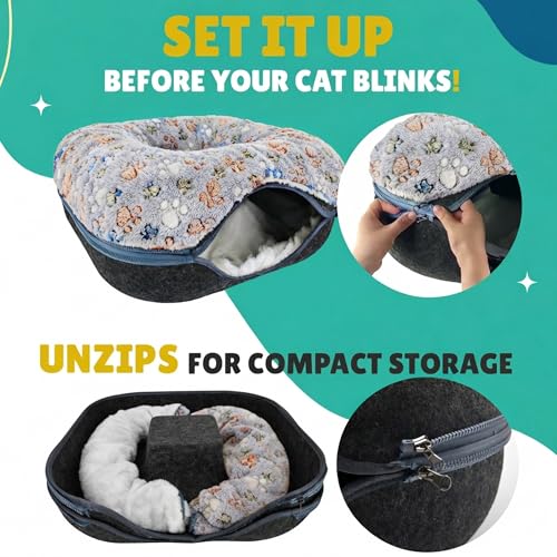 RINGTAIL Peekaboo Cat Cave Donut for Multiple & Large Cats Up to 30-45 lb, 3-in-1 Self Warming Cat Bed Tunnel with 2 Soft Fluffy Fleece Pet Blankets, Scratch, Detachable & Washable (Dark Gray, Large)