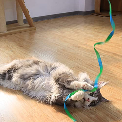 LASOCUHOO Interactive Cat Rainbow Wand Toys, Interactive Cat Teaser Wand String, Colorful Ribbon Charmer for Most Cats and Kittens - 2 PCS - color: Greenrainbow