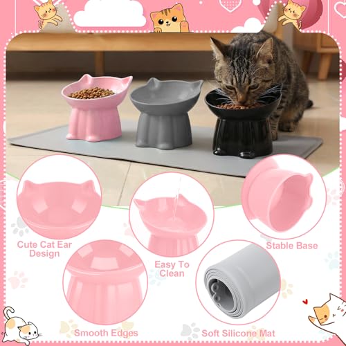 3 Pcs Elevated Cat Bowls 15°Raised Cat Food Bowl with Silicone Mat Whisker Friendly Anti Vomiting Cats Dishes Pet Food and Water Bowls for Indoor Cats Kittens Classic Pink, Grey, Black Pink, Grey, Bla - color: Pink, Grey, Black