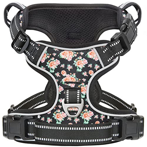 Dog Harness, No-Pull Pet Harness with 2 Leash Clips, 3 Snap Buckles Adjustable Soft Padded Dog Vest, Reflective No-Choke Pet Oxford Vest with Easy Control Handle for Small Medium Large Dogs - color: Normal-Black Rose, size: Medium (Pack of 1)