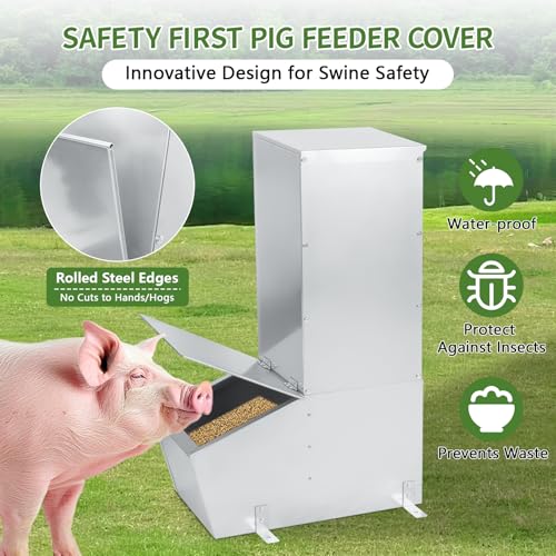 1.5 Bushel Hog Feeder, Automatic Single Door Pig Trough with Heavy Duty Galvanized Steel, Multipurpose Livestock Feeder for Supplemental Feeding and Outdoor Use (Single Door)