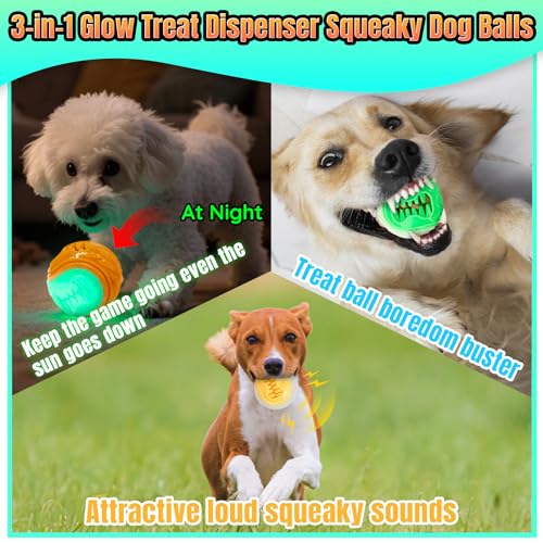 LECHONG 6-Pack Dog Treat Balls, 3-in-1 Glow in the Dark Squeaky Treat Dispenser Ball Toys for Dog, Interactive Durable Rubber Teething Fetch Ball for Small Medium Dogs to Keep Them Busy 2.5in - size: 2.5in Medium Treat