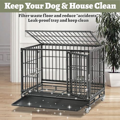Heavy Duty Dog Crate 36 Inch, Stackable Dog Crate Cage Kennel for Breeders & Groomers, Drop Cages for Medium Dogs with 4 Wheels, 2 Bowls, Easy to Clean Grids & Tray - size: 36"L x 22.5"W x 29"H