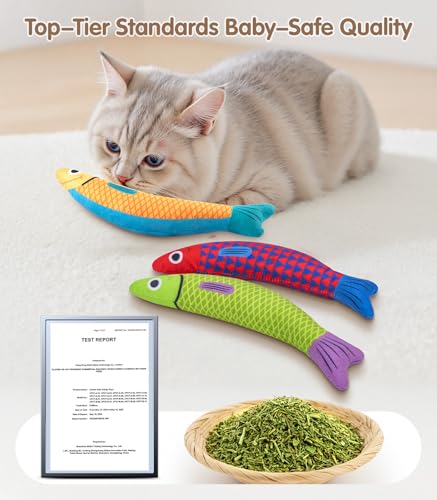 PetBusy Cat Toys with[5000mg A+Natural Catnip &Silvervine] [Baby Grade] Interactive Soft Chew Kicker Cat Toys for Indoor Cats & Kittens, [Crinkle &Bell] Fish Sound Toy, Drives Bored Cat Crazy with Fun - color: Red+Green+Yellow