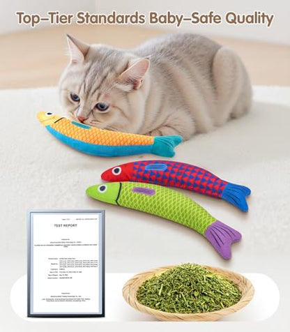 PetBusy Cat Toys with[5000mg A+Natural Catnip &Silvervine] [Baby Grade] Interactive Soft Chew Kicker Cat Toys for Indoor Cats & Kittens, [Crinkle &Bell] Fish Sound Toy, Drives Bored Cat Crazy with Fun - color: Red+Green+Yellow