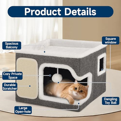 Cat Beds for Indoor Cats, Large Cat Cave with Cozy Hideout, Scratch Pad, Fluffy Ball Hanging, Foldable Cat Hideaway Hold Up to 30LBS, Indoor Cat House with Reversible Soft Cushions for All Seasons - size: Single