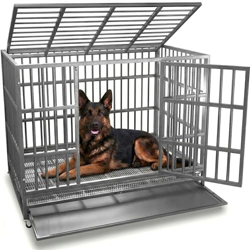 Oranland 48 Inch Heavy Duty Indestructible Dog Crate,Escape-Proof Dog Cage for High Anxiety Dogs,XL Dog Crate for Large Dogs with Sturdy Locks,Double Door,Removable Wire Tray and Wheels - color: Silver/48 inch