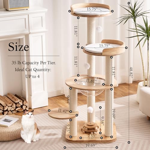 797Audio Modern Solid Wood Cat Tree Tower, 49" Tall Cat Tree with Sisal Scratching Posts and Capsule for Adult Cats, Natural Oak Wooden Cat Tower,Aesthetic Multi-Level Cat Climbing Tree for Indoor Cat - color: 49 Inch-Turntable Toy