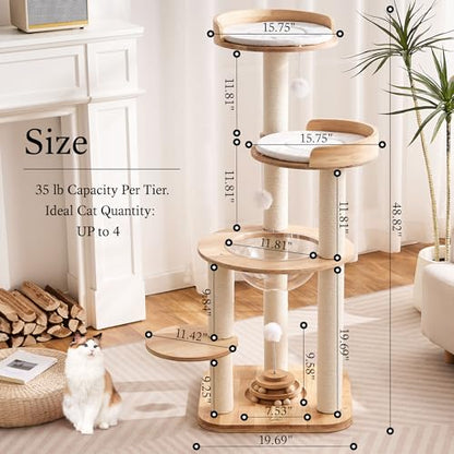 797Audio Modern Solid Wood Cat Tree Tower, 49" Tall Cat Tree with Sisal Scratching Posts and Capsule for Adult Cats, Natural Oak Wooden Cat Tower,Aesthetic Multi-Level Cat Climbing Tree for Indoor Cat - color: 49 Inch-Turntable Toy