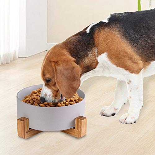 Ceramic Dog Bowl with Bamboo Stand - Large Dog Dish for Food and Water - Heavy Weighted, No Tip Over - 8.4" Diameter - Grey - color: Grey