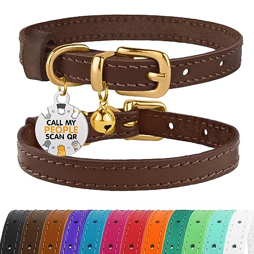 Leather Cat Collar with Removable Bells Non Breakaway Kitten QR Tag for Girl Boy (9" - 12" Cats/Mini Dogs, Dark Brown & Gold) - color: Dark Brown & Gold, size: 9 - 12 inch