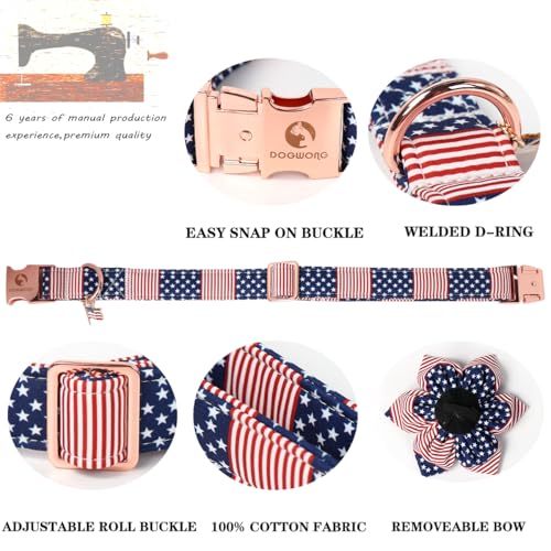 DOGWONG American Flag Dog Collar, 4 of July Dog Flower Heavy Duty Adjustable Patriotic Dog Collars with Bowtie for Small Dogs - color: American Flag B Flower, size: XS