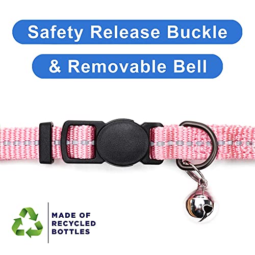 Pawtitas Recycled Pink Reflective Cat Collar – Eco-Friendly Breakaway Safety Buckle, Adjustable Kitten & Adult Collar with Removable Bell and High-Visibility Strap - color: Recycled Pink