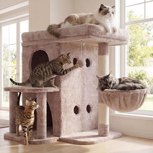Heybly Cat Tree, 26.3-inch Cat Tower with Spacious Top Perch for Large Cats, Stair-Style Cat House Furniture with Dual-Layer Condos, Sisal Scratching Posts, Cozy Basket & Pompom, Muchroom HCT204SMU - color: Muchroom, size: 26.3 inch