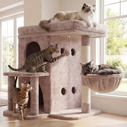 Heybly Cat Tree, 26.3-inch Cat Tower with Spacious Top Perch for Large Cats, Stair-Style Cat House Furniture with Dual-Layer Condos, Sisal Scratching Posts, Cozy Basket & Pompom, Muchroom HCT204SMU - color: Muchroom, size: 26.3 inch