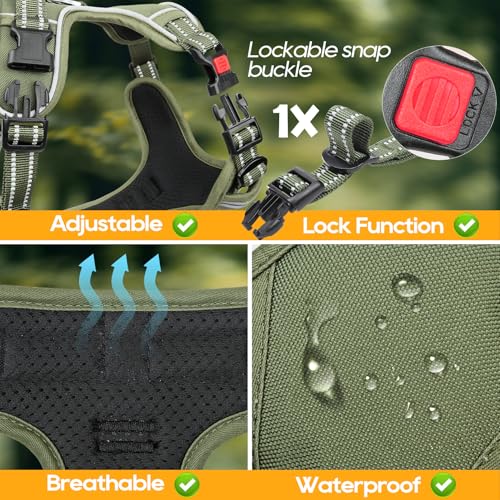 Dog Harness Medium Sized, No Pull Pet Harness with Neck Lockable Snap,No Choke Front Clip Dog Reflective Vest,Adjustable Metal Rings 3 Buckles,Easy Control Handle for Medium Dogs Green M - color: Lock Green, size: Medium (Pack of 1)