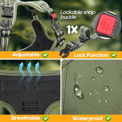 Dog Harness Medium Sized, No Pull Pet Harness with Neck Lockable Snap,No Choke Front Clip Dog Reflective Vest,Adjustable Metal Rings 3 Buckles,Easy Control Handle for Medium Dogs Green M - color: Lock Green, size: Medium (Pack of 1)